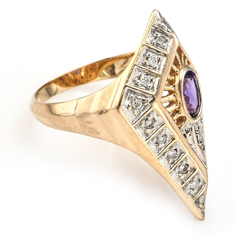 Erte 14K Yellow Gold Amethyst & 0.35 TCW Diamond Art Deco Cocktail Ring