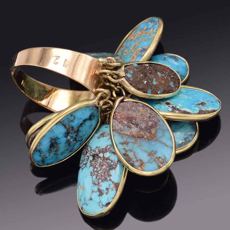 Antique 14K Gold Genuine Persian Turquoise Dangle Multi-Charm Band Ring 13.8Gr