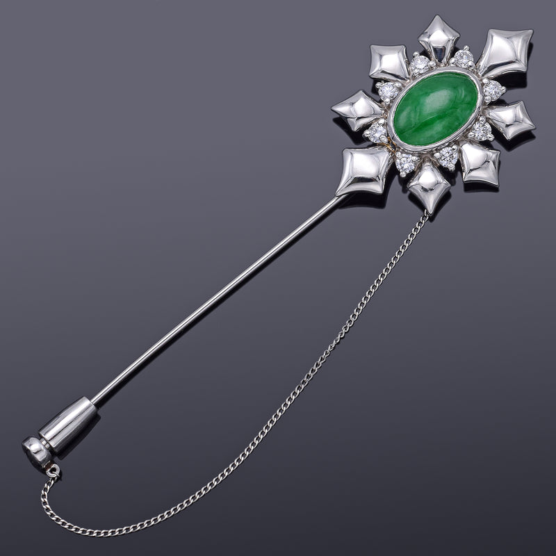 Vintage Platinum Green Jade & 0.41 TCW Diamond Brooch Pin