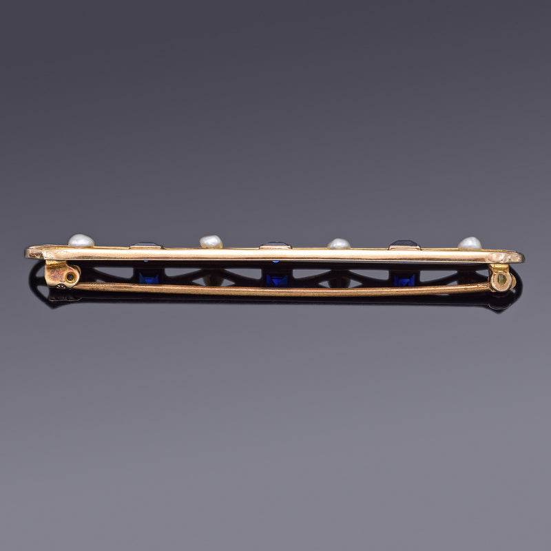 Antique 14K Gold Sapphire & Sea Pearl Art Deco Bar Brooch Pin 63.5 x 8.0 mm