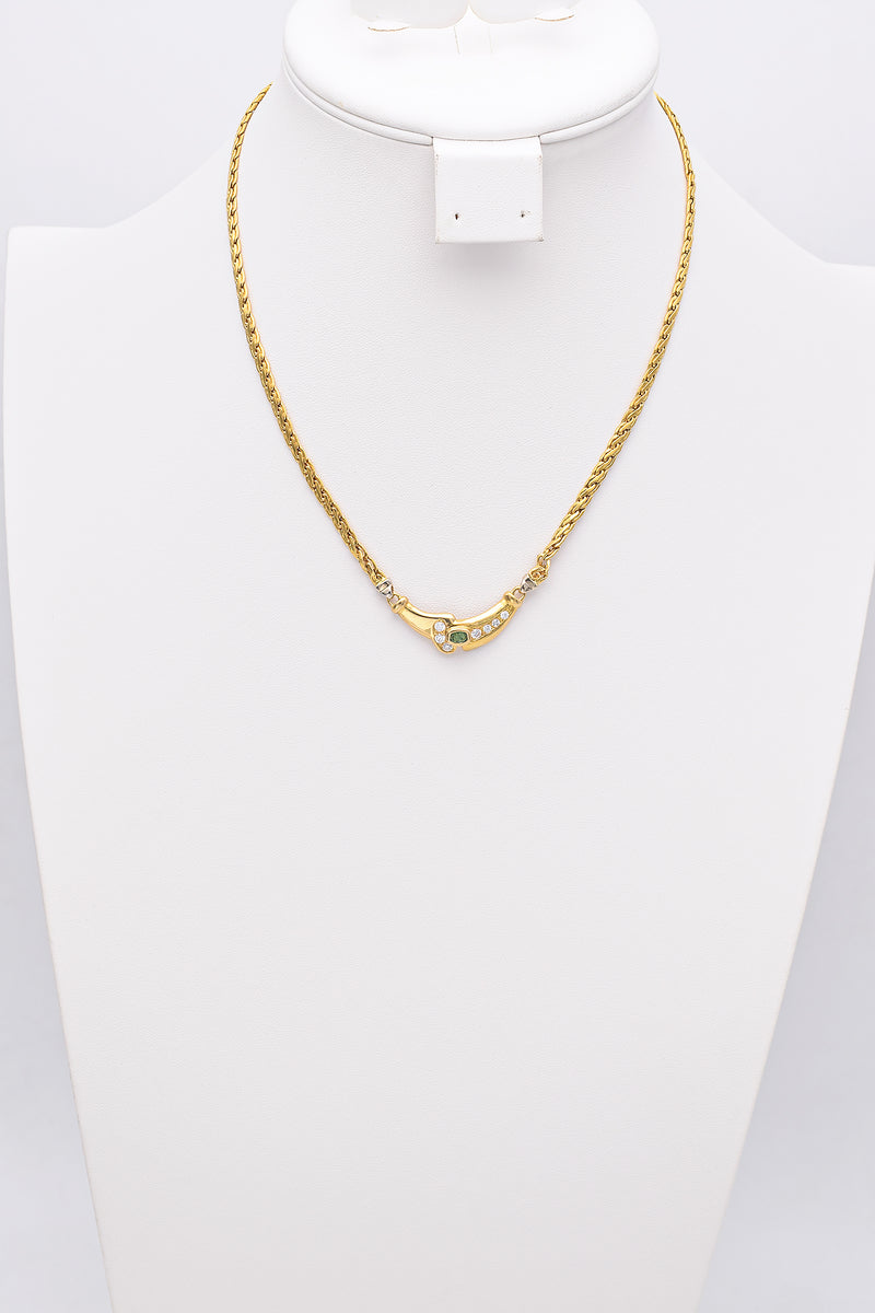Vintage 18K Yellow Gold Emerald & CZ Pendant Necklace 17 Inches