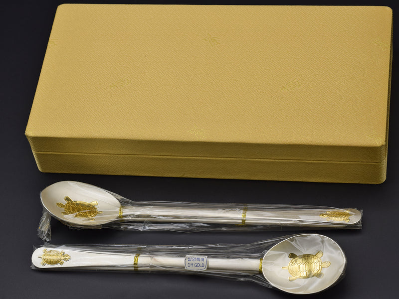 BOVIUM Korean 990 Pure Silver & 24K Gold Turtle Inlay Spoon Chopstick 4 Pc Set