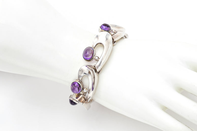 Vintage Onez Tazxo Mexico 970 Sterling Silver Amethyst Link Bracelet