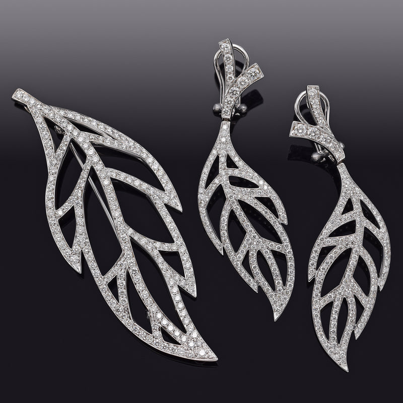 Vintage 18K White Gold 6 TCW Diamond Pendant Brooch & Drop Earrings Set G/H VS