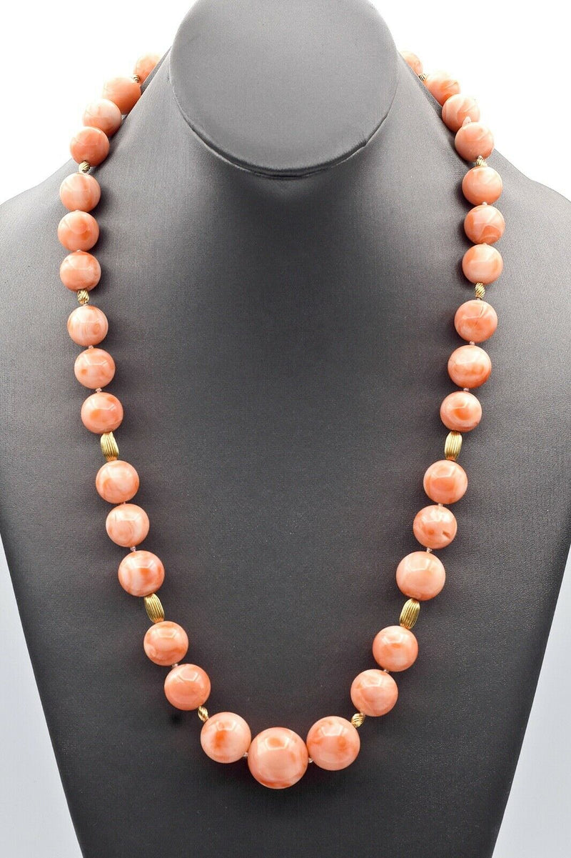 Vintage 14K Yellow Gold Angel Skin Coral Beaded Strand Necklace + Box