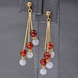Vintage 14K Yellow Gold Carnelian & Purple Agate Beaded Dangle Earrings
