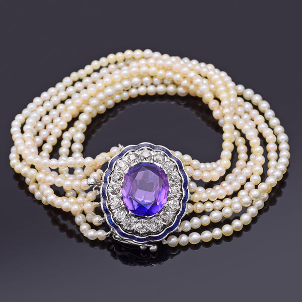 Antique 14K Gold Purple Sapphire, 0.96 TCW Diamond & Sea Pearl Multi-Strand Bracelet