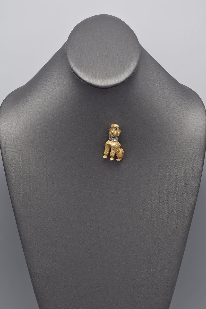 Vintage 14K Yellow Gold Emerald & Diamond Poodle Dog Brooch Pin
