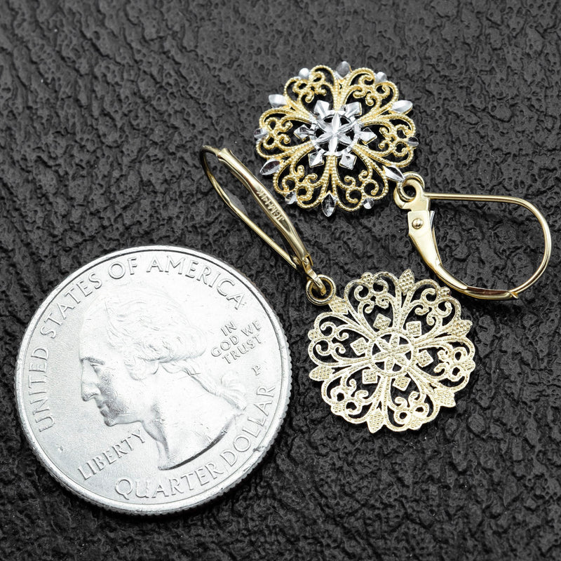 Vintage 14K Yellow & White Gold Snowflake Filigree Dangle Lever-Back Earrings