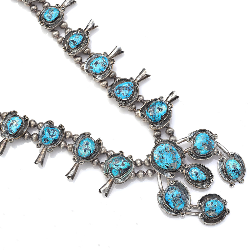 Vintage Sterling Silver Turquoise Southwestern Squash Blossom Necklace