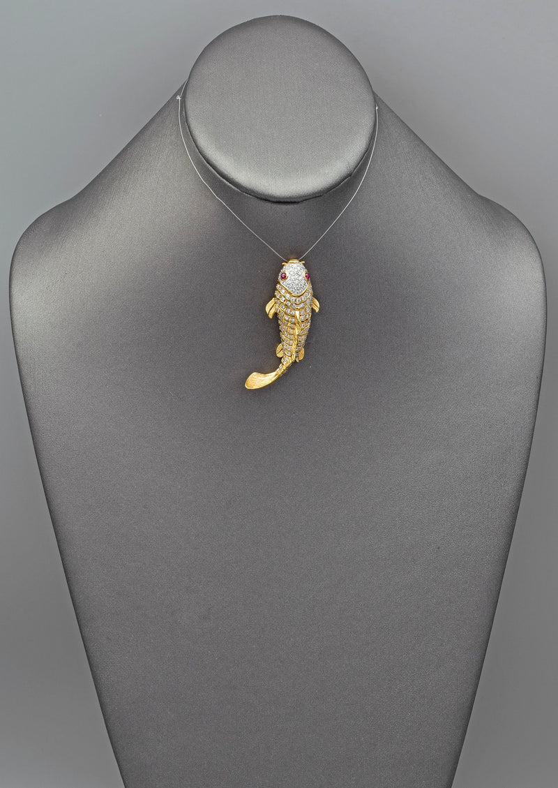 Vintage 18K Yellow Gold 2.25 TCW Diamond & Ruby Movable Koi Fish Pendant