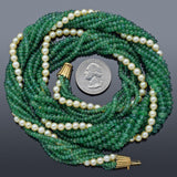 Vintage 14K Gold Emerald & Sea Pearl Long Beaded Multi-Strand Torsade Necklace