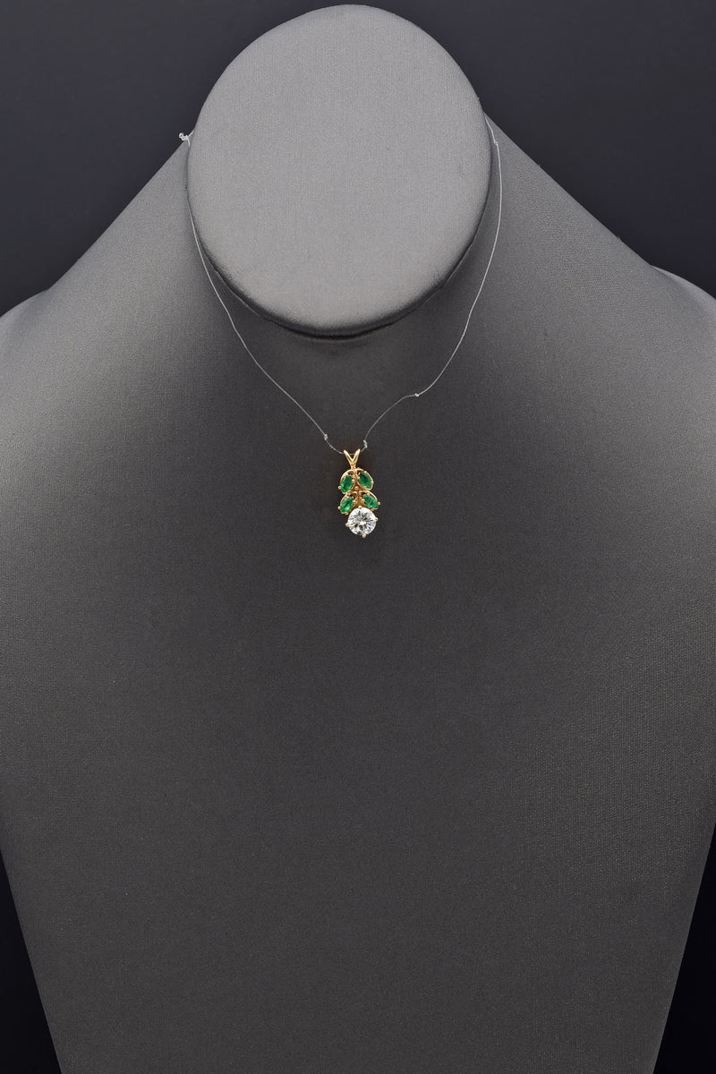 Vintage 14K Yellow Gold 1.16 Ct Diamond & Emerald Leaf Floral Pendant