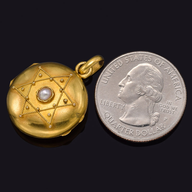 Antique 18K Yellow Gold Sea Pearl French Star of David Locket Pendant