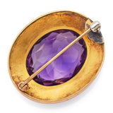 Antique 14K Yellow Gold 13.78 Carat Amethyst Enamel Mourning Brooch Pin