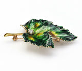Vintage 14K Yellow Gold 0.20 Ct Diamond Enamel Leaf Brooch Pin