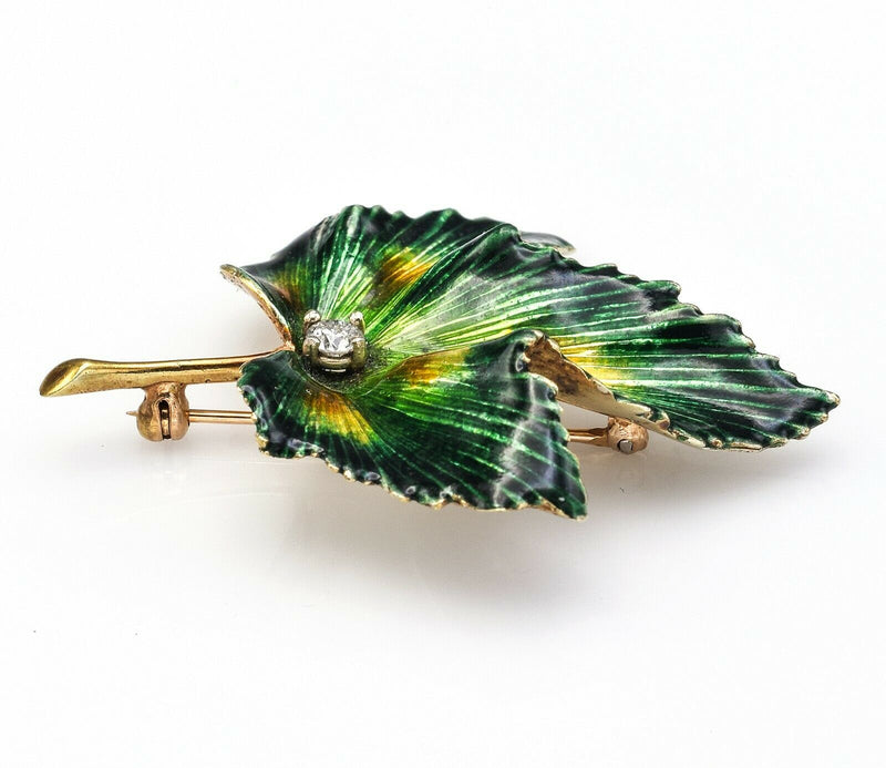Vintage 14K Yellow Gold 0.20 Ct Diamond Enamel Leaf Brooch Pin