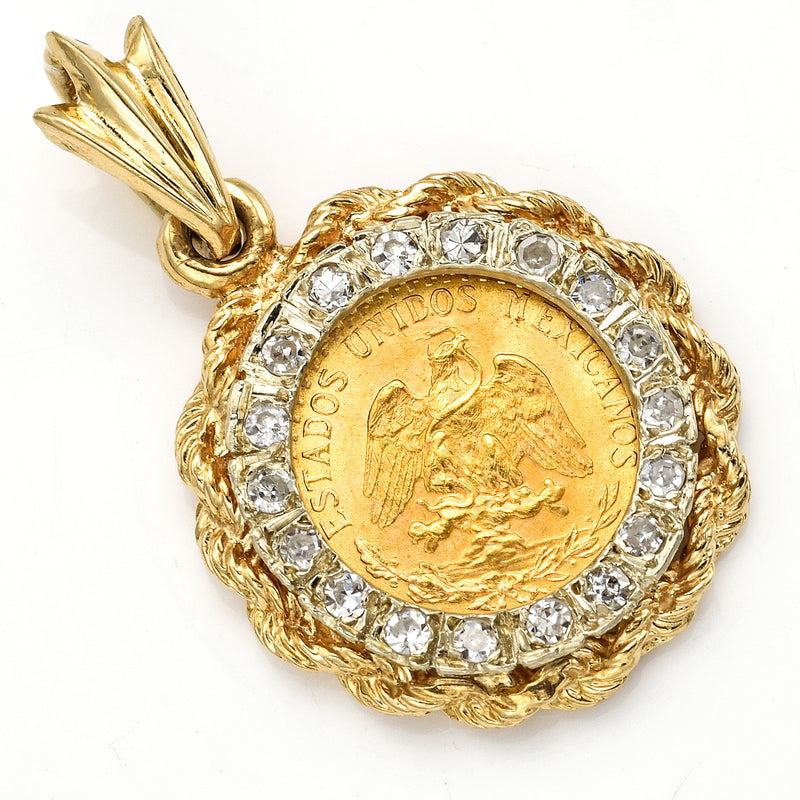 Vintage 22K 1945 Dos Pesos Mexican Coin & Diamond 14K Gold Pendant