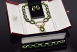 18K Gold Green Jade & 7.48 TCW Diamond Cable Link Necklace Earrings Bracelet Set