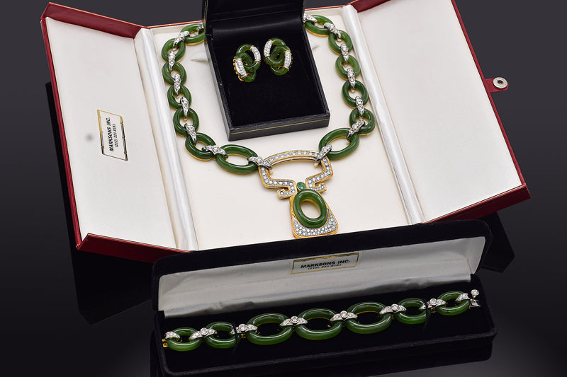 18K Gold Green Jade & 7.48 TCW Diamond Cable Link Necklace Earrings Bracelet Set