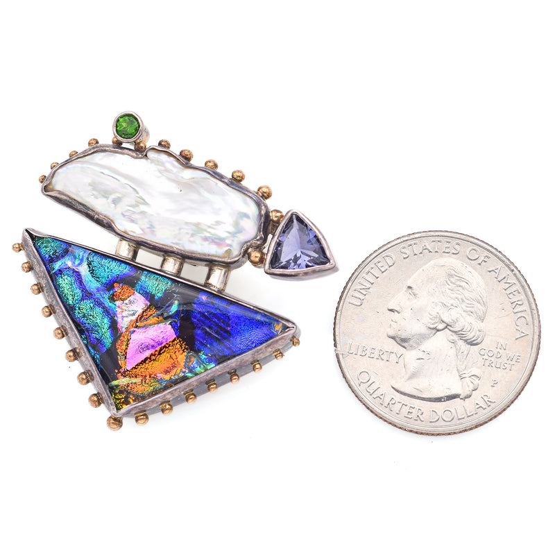 Vintage Janet Sherman Sterling Silver & 14K Gold Gemstone Brooch Pin Pendant