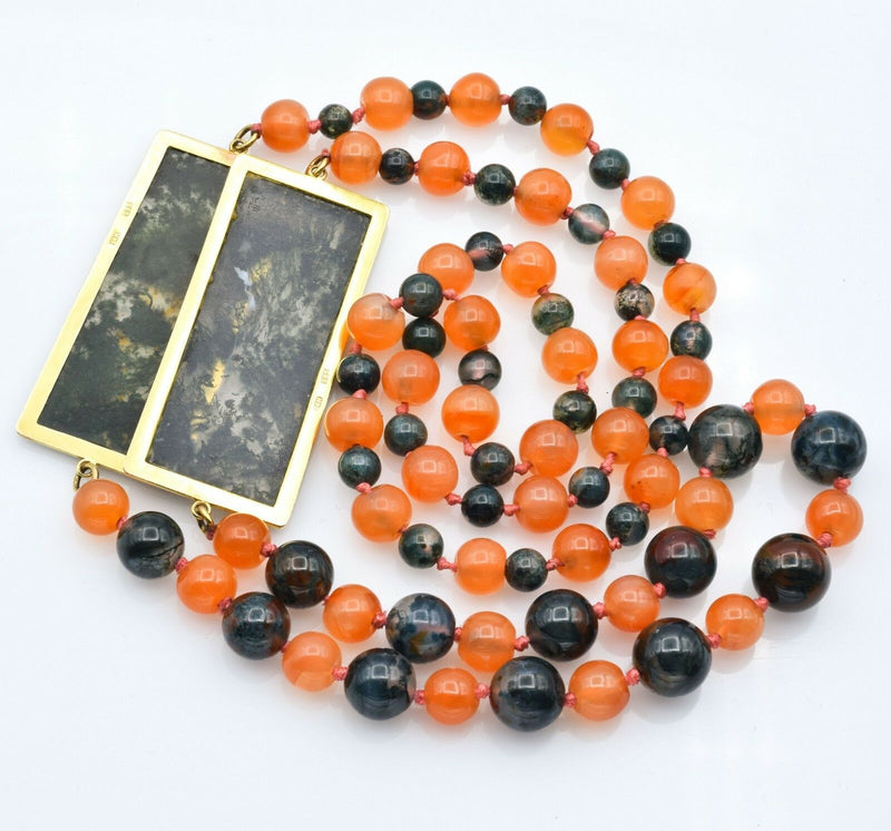 Vintage 14K Yellow Gold Moss Agate & Carnelian Strand Beaded Necklace