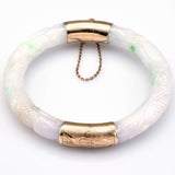 Vintage 14K Yellow Gold Carved Green White Jade Hinged Bangle Bracelet