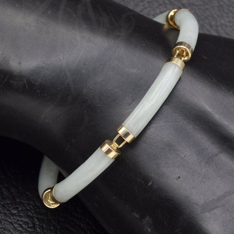 Vintage 14K Yellow Gold Pale Green Jade Lucky Link Bracelet