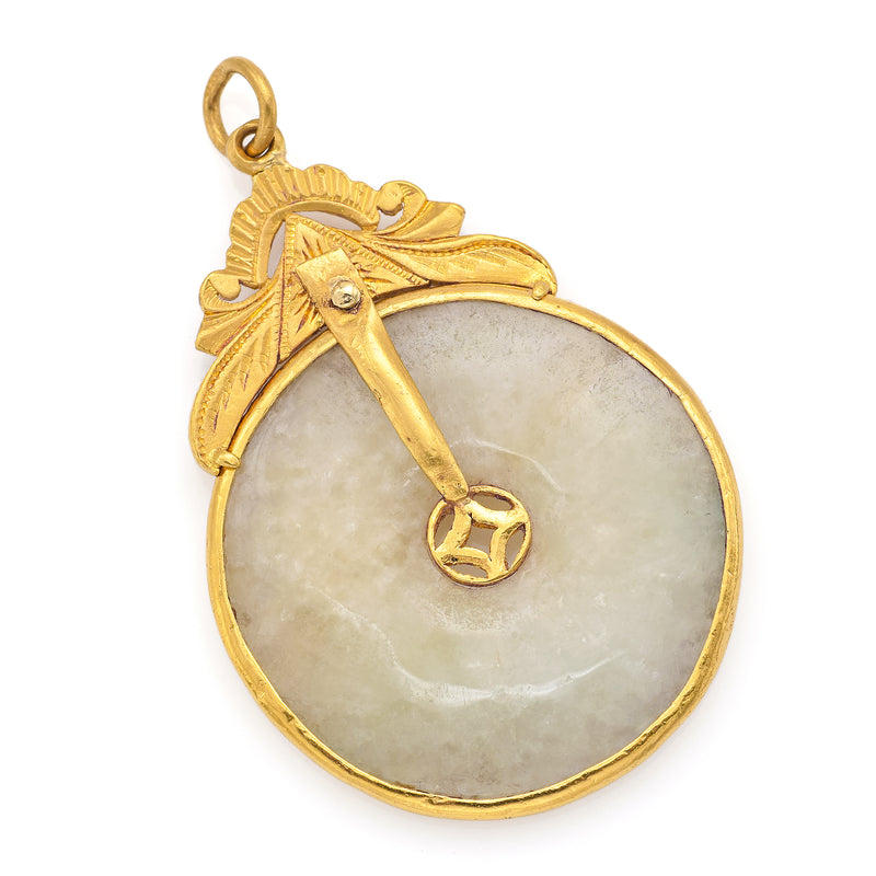 Vintage 24K Yellow Gold Pale Green Jade Large Round Disc Pendant + Pouch