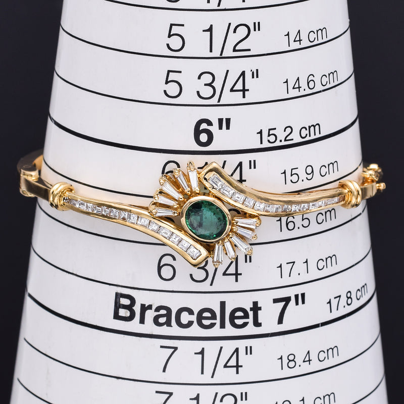 Vintage 18K Yellow Gold Emerald & 1.29 TCW Diamond Hinged Bangle Bracelet