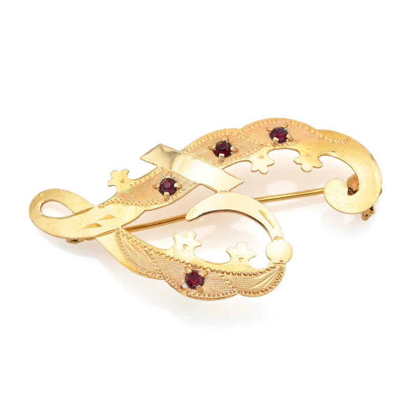 Antique 18K Yellow Gold Red Paste Letter F Brooch Pin 42.5 x 22.0 mm