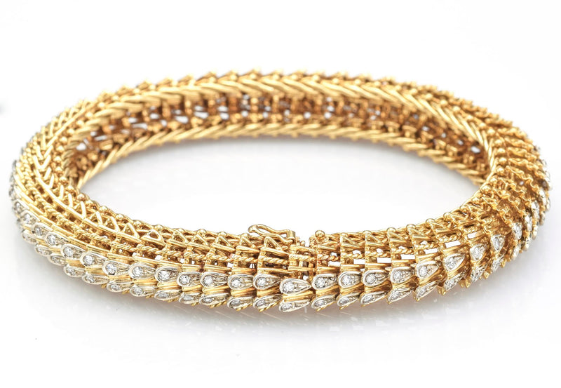 Vintage 18K Yellow Gold Single Cut Diamond Woven Link Bracelet