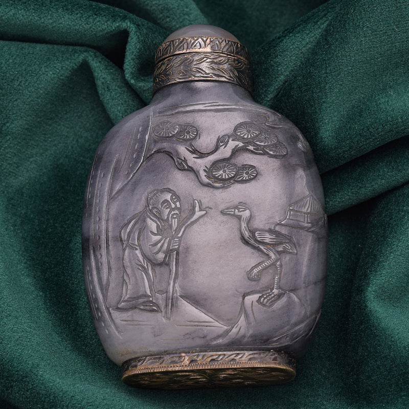 Antique Chinese Jade People Landscape & Crane Carved Snuff Bottle 133.1 Grams