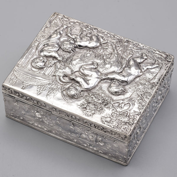 Antique 800 Silver Victorian Cherub & Goat Etched Case Box