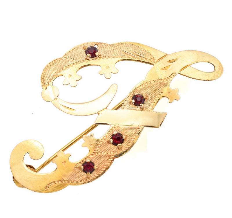 Antique 18K Yellow Gold Red Paste Letter F Brooch Pin 42.5 x 22.0 mm