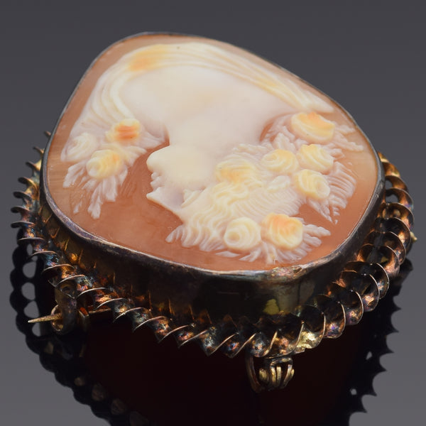 Antique 10K Yellow Gold Cameo Shell Brooch Pin Pendant