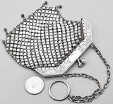 Antique Sterling Silver Asian Floral Etched Mesh Coin Pouch Purse Bag