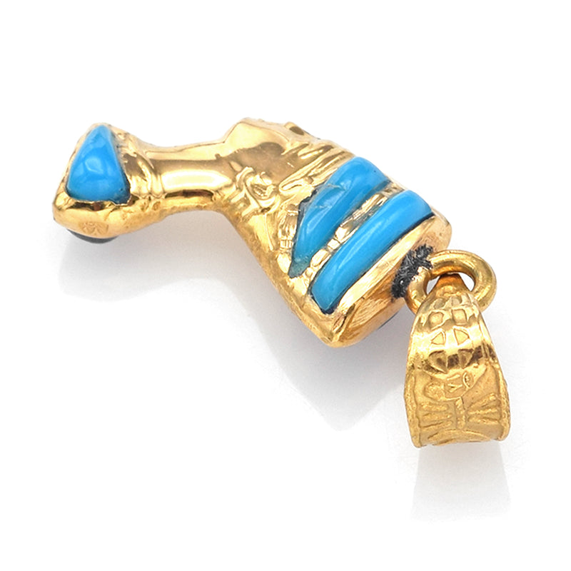 Vintage 18K Yellow Gold Lapis Turquoise Egyptian Queen Nefertiti Mask Charm Pendant