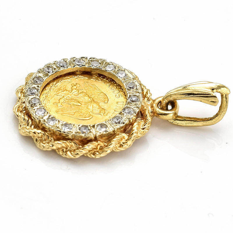 Vintage 22K 1945 Dos Pesos Mexican Coin & Diamond 14K Gold Pendant