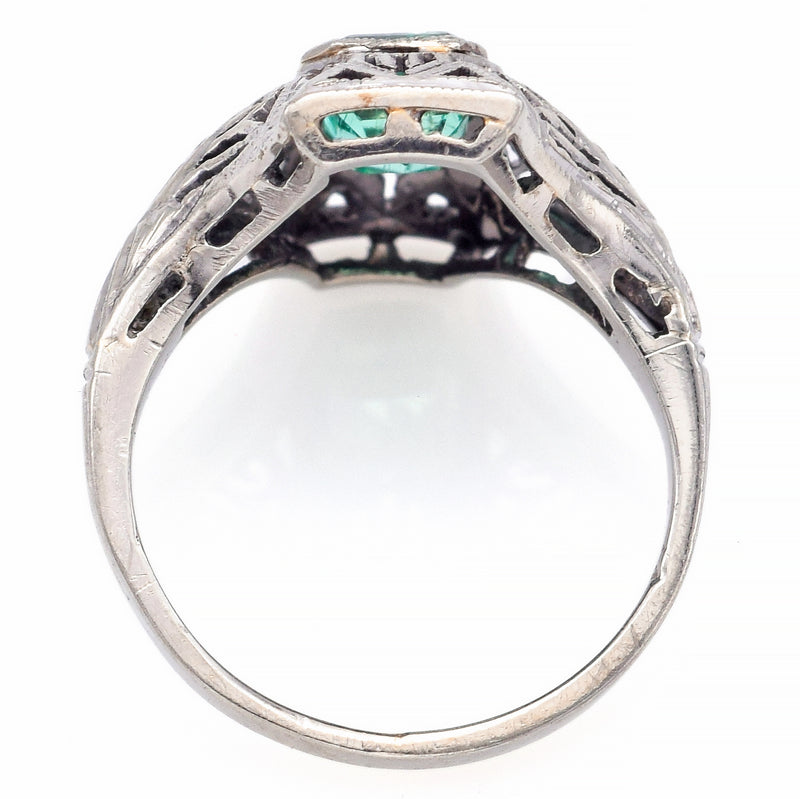 Antique 14K White Gold Emerald Art Deco Cocktail Ring Size 4