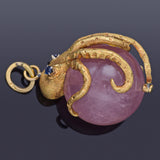 Vintage 18K Yellow Gold Rose Quartz & Sapphire Octopus Ball Pendant 18.9 Grams