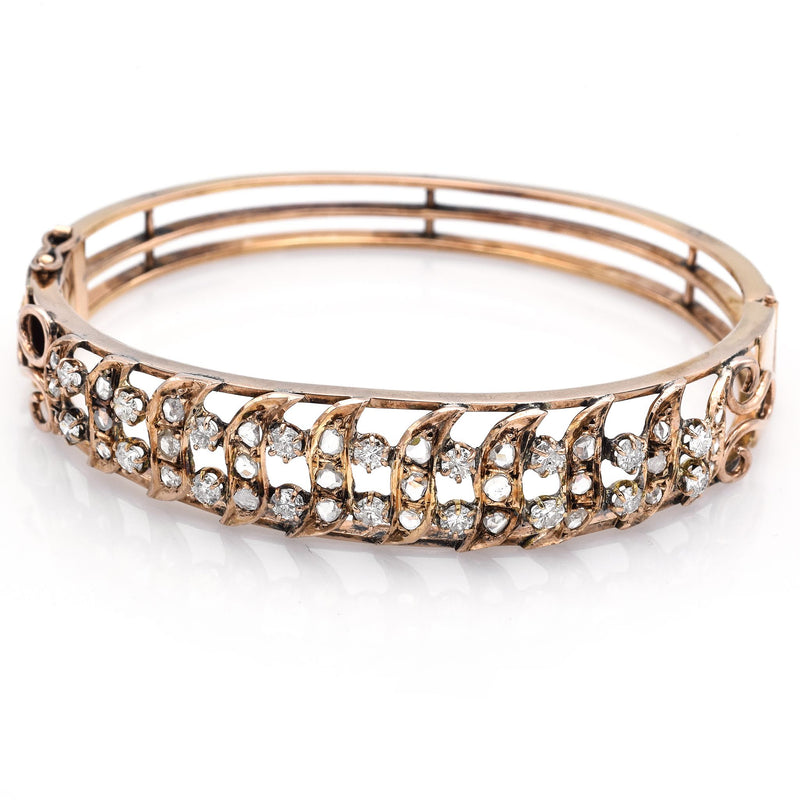 Vintage 18K Gold 3.10TCW Mixed Mine & Modern Diamond Swirl Bangle Bracelet