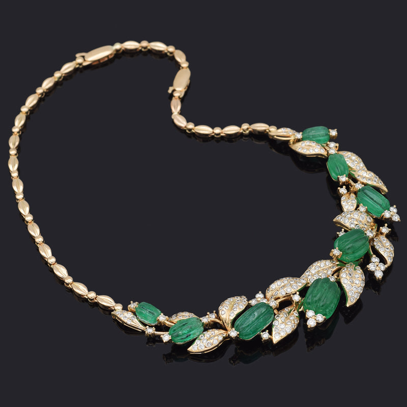 Vintage 18K Yellow Gold Emerald & 6.42 TCW Diamond Bib Necklace