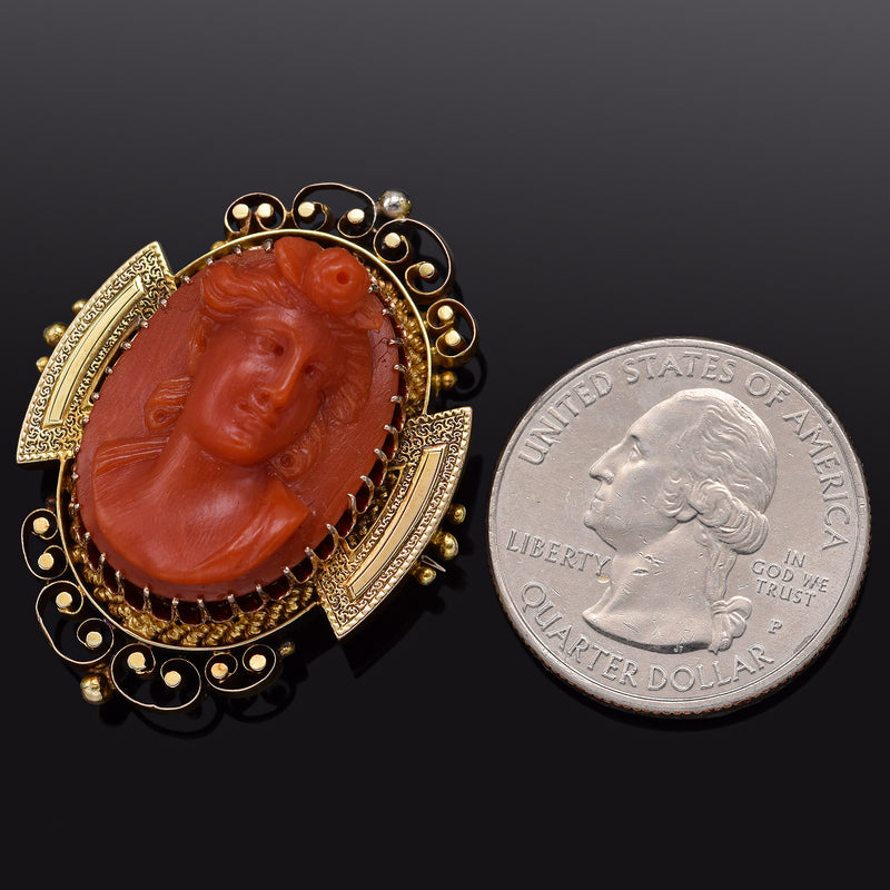 Antique 14K Yellow Gold Red Coral Cameo Brooch Pin Pendant 11.6Grams 38.0x30.3mm