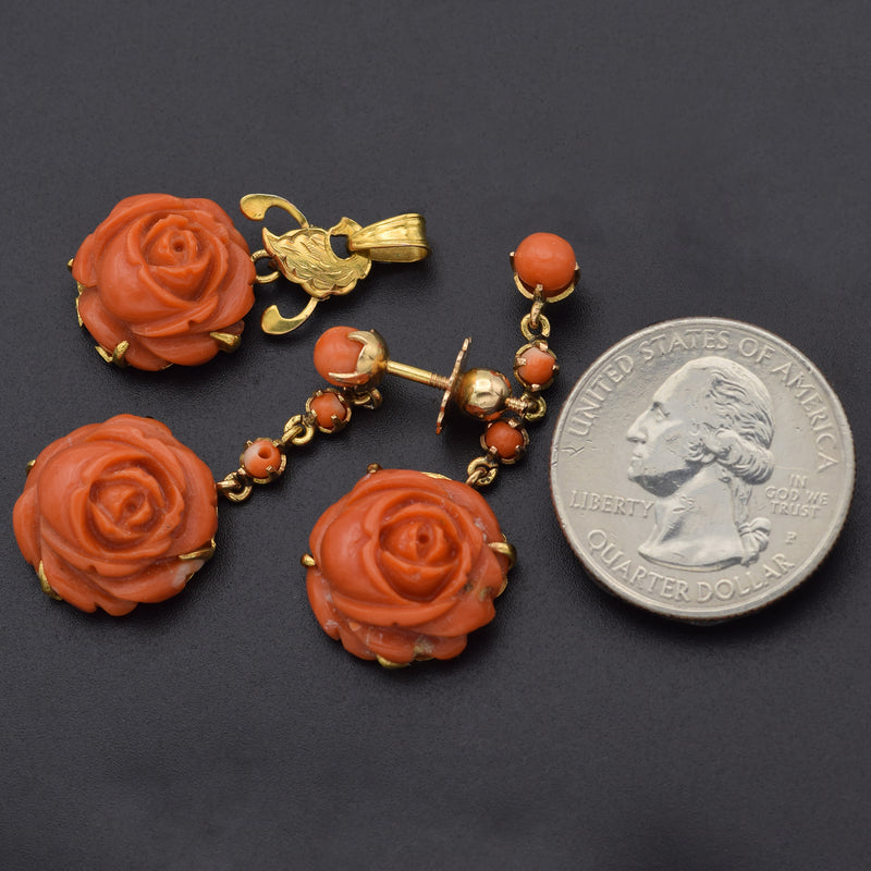 Vintage 18K Yellow Gold Red Coral Carved Rose Flower Pendant & Earrings Set