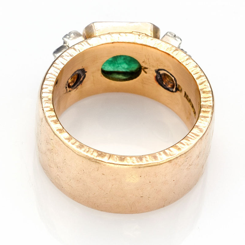 Vintage 14K Yellow Gold Emerald & 0.48 TCW Diamond Hand Made Wide Band Ring