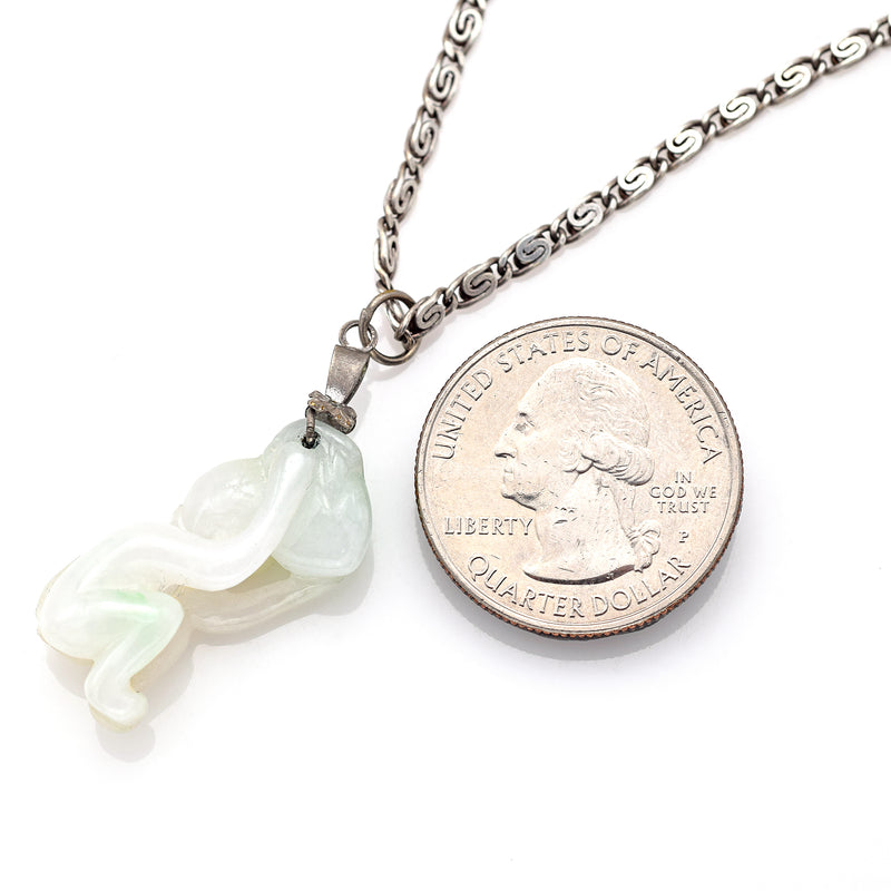 Antique Sterling Silver Green Jade Carved Monkey with Peach Pendant Necklace
