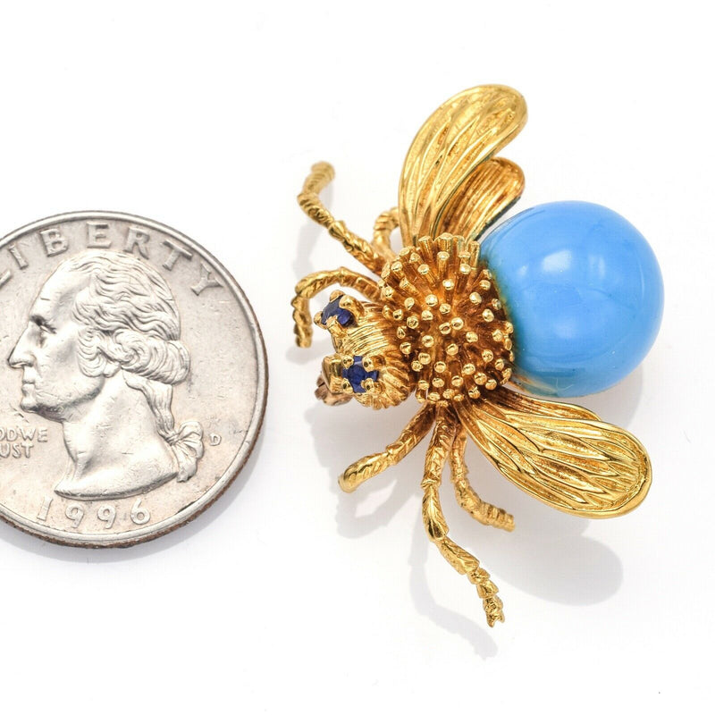 Vintage 18K Gold Sleeping Beauty Turquoise & Sapphire Bee Brooch Pin