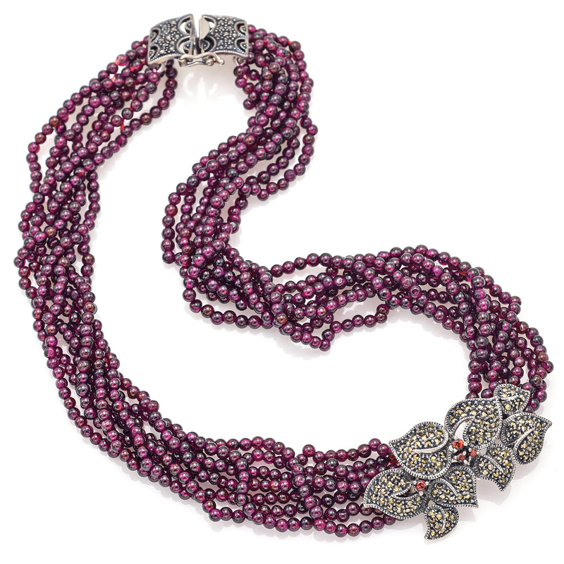 Vintage Judith Jack Sterling Silver Garnet Marcasite Multi-Strand Bead Necklace