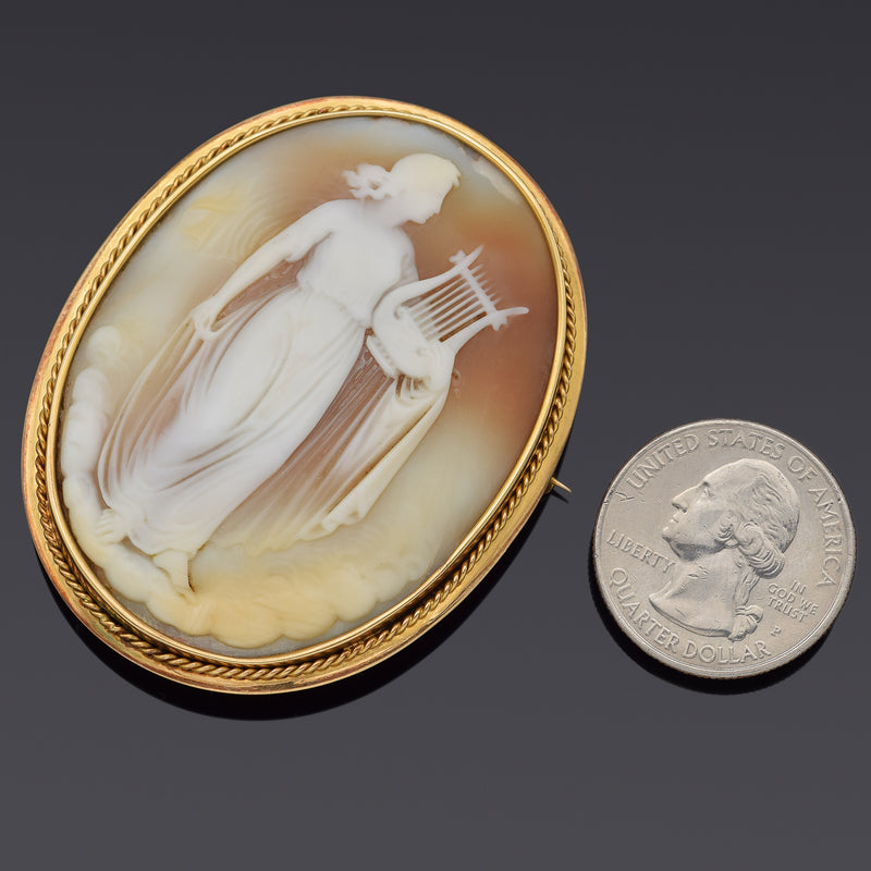 Antique 14K Yellow Gold Cameo Shell Large Oval Brooch Pin